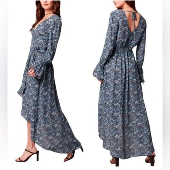 Band of the Free Jewel Bohemian Floral Wrap High Low Maxi Dress, Large, Teal - Picture 3 of 10